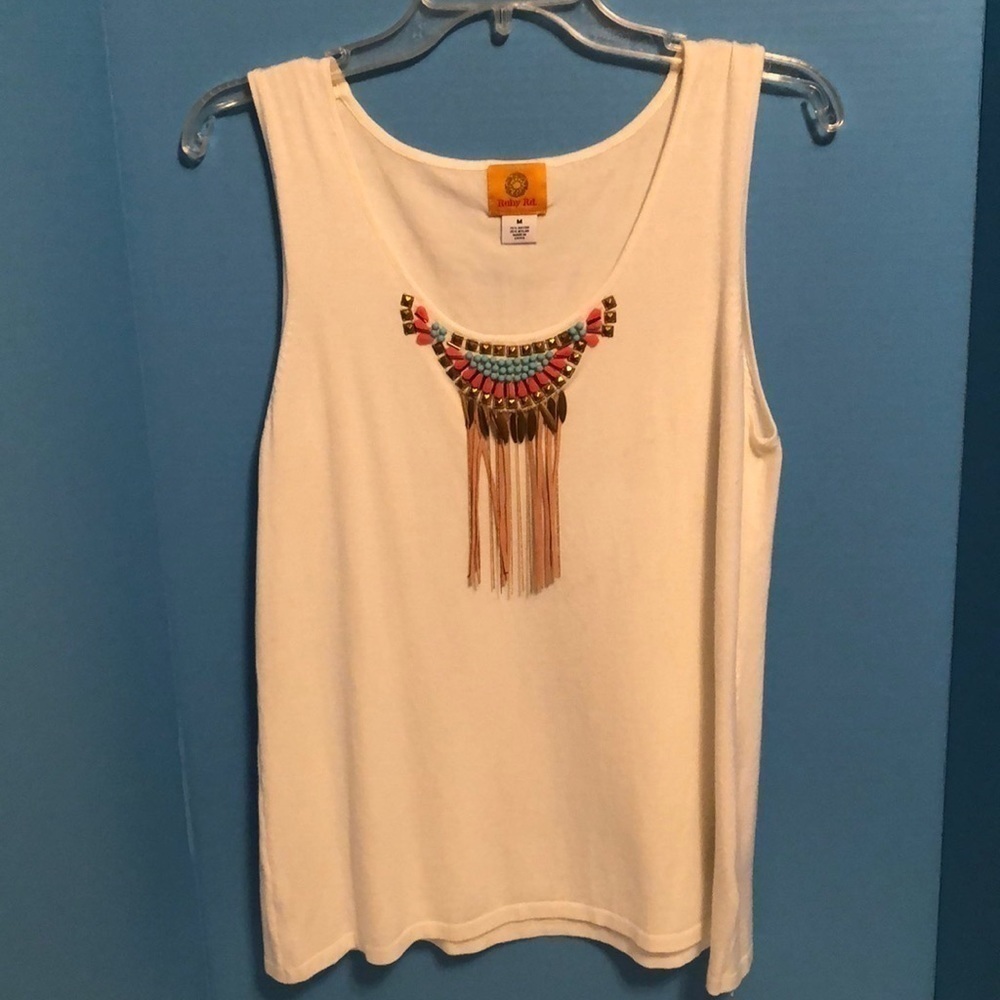 Ruby road top. White with leather fringe. Med